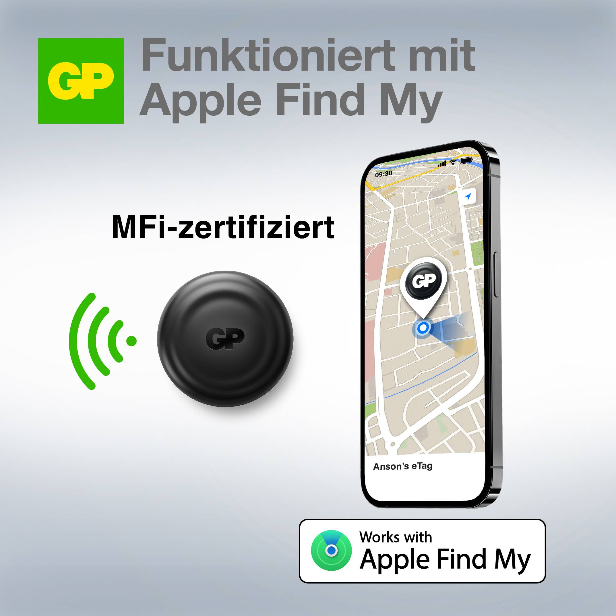 "GP funktioniert mit Apple Find My" zeigt ein GP-Tag, das sich mit einer Telefonkarte verbindet und den Standort anzeigt. "MFi-zertifiziert" bestätigt die Apple-Zertifizierung.