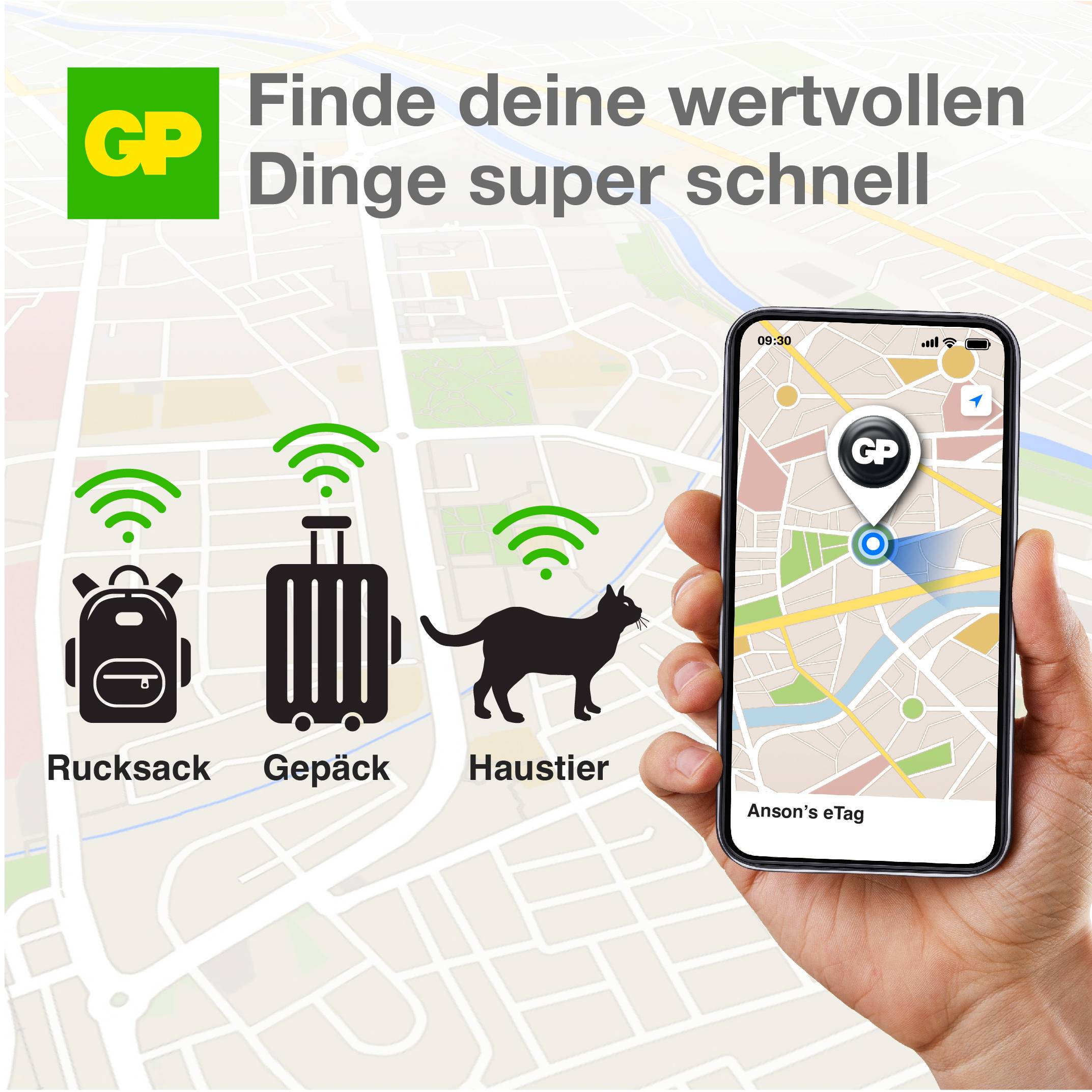 Telefon zeigt Karte mit 'GP' Standort-Tag. Symbole eines Rucksacks, Koffers und Haustiers mit WLAN-Symbolen. Text: 'Finde deine wertvollen Dinge super schnell'.