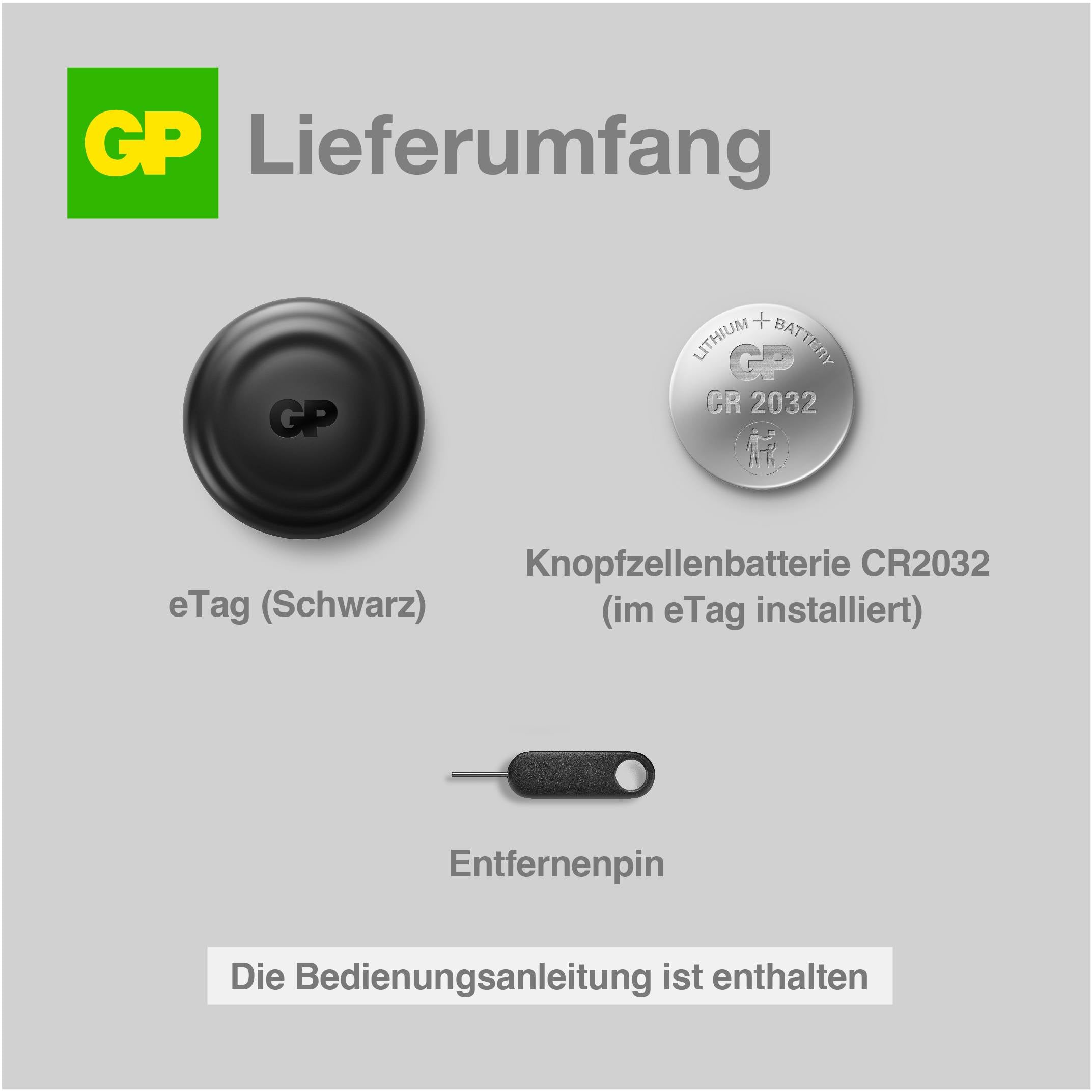 'eTag (Schwarz)', 'Knopfzellenbatterie CR2032 (im eTag installiert)', 'Entfernungspin'. Anleitung enthalten.