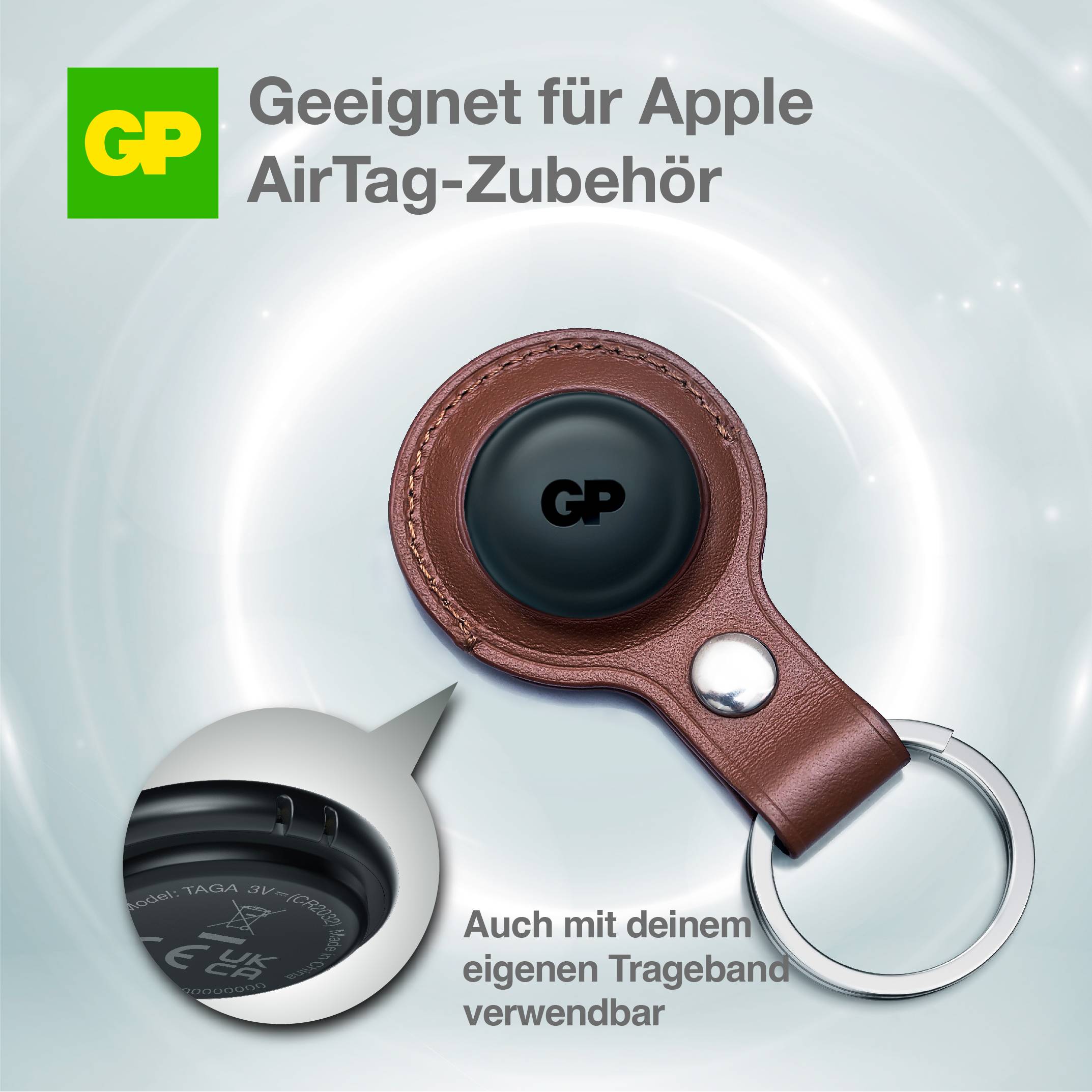 'Geeignet für Apple AirTag-Zubehör' text; Close-up einer Leder-Schlüsselanhänger-Halterung für einen AirTag; zusätzlicher Text: 'Auch mit deinem eigenen Trageband verwendbar'.