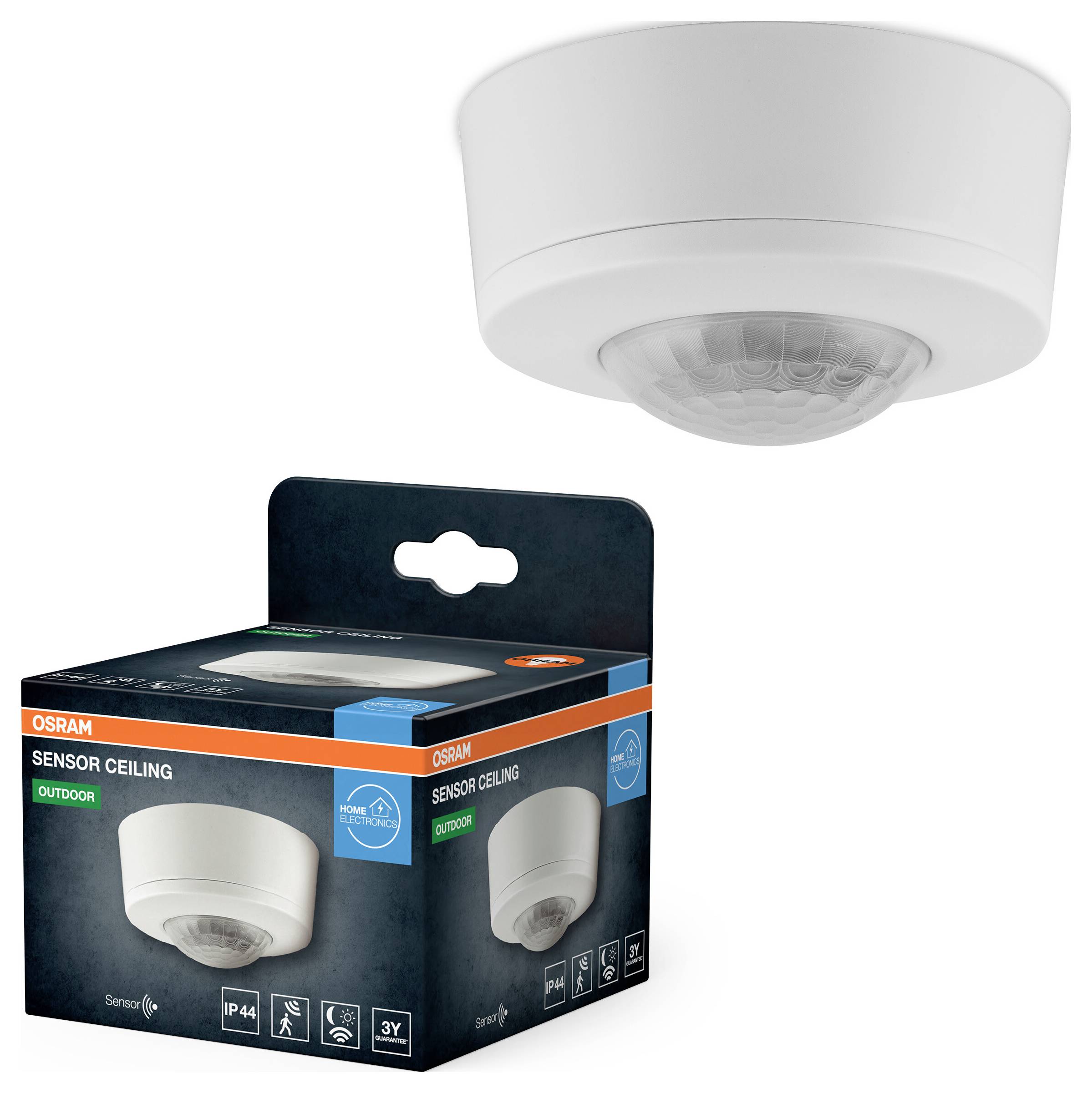 Ein weißer Deckensenor im Kuppelstil mit seiner Verpackung. Die Schachtel ist mit 'OSRAM Sensor Ceiling' gekennzeichnet und hebt Merkmale wie IP44 und 3-jährige Garantie hervor.