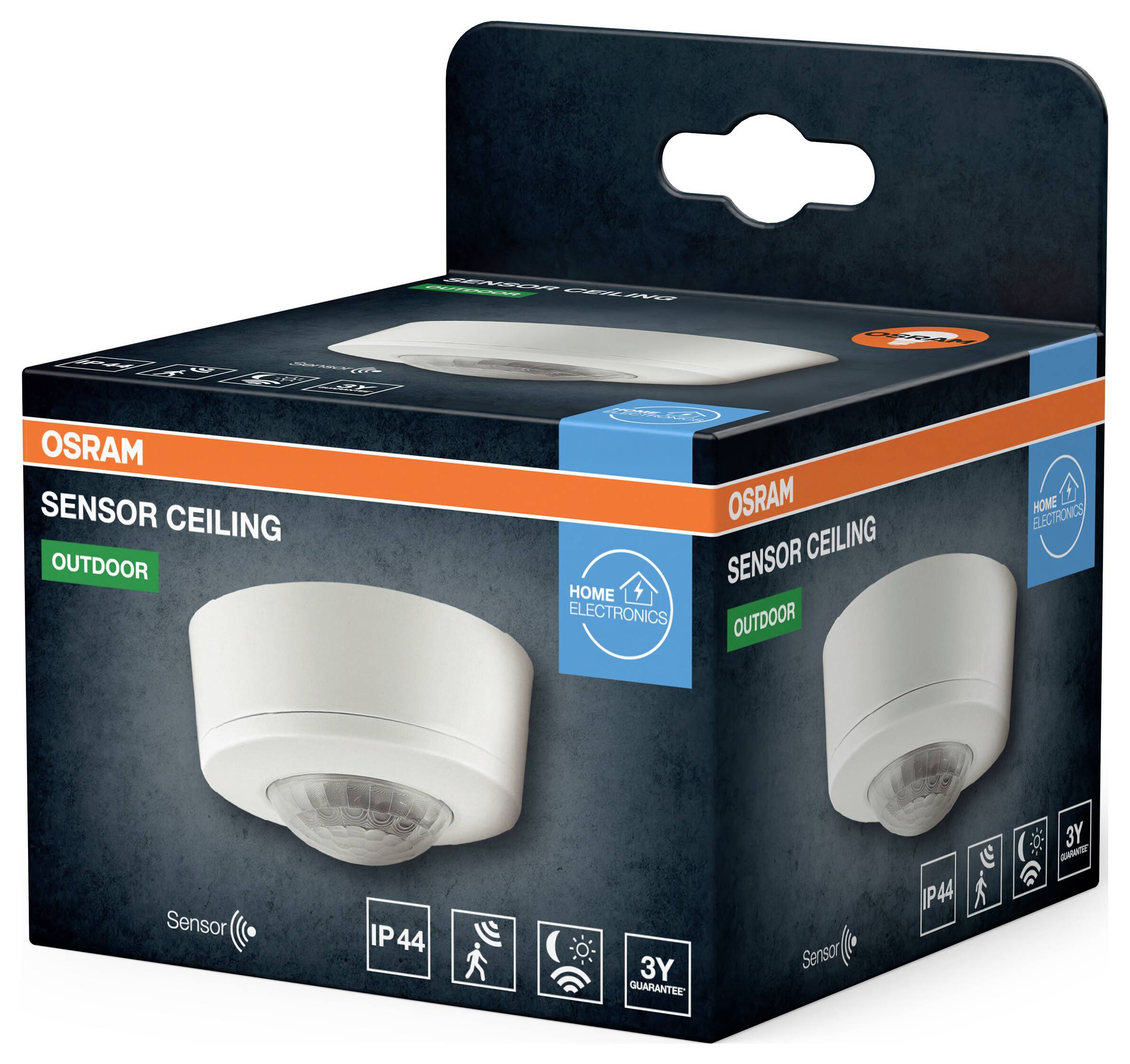 Osram Sensor Deckenleuchte Outdoor Verpackung zeigt einen weißen Deckensensor. Enthält Symbole für IP44-Schutzklasse, 3-jährige Garantie und Sensortyp.