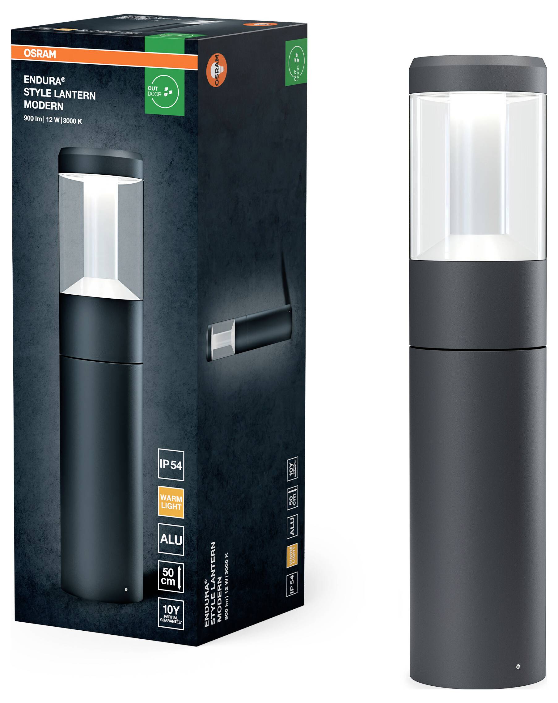 Verpackte und ausgepackte moderne Endura Style Laterne von Osram, mit warmem Licht, Aluminiumkonstruktion, steht 50 cm hoch, IP54-zertifiziert.
