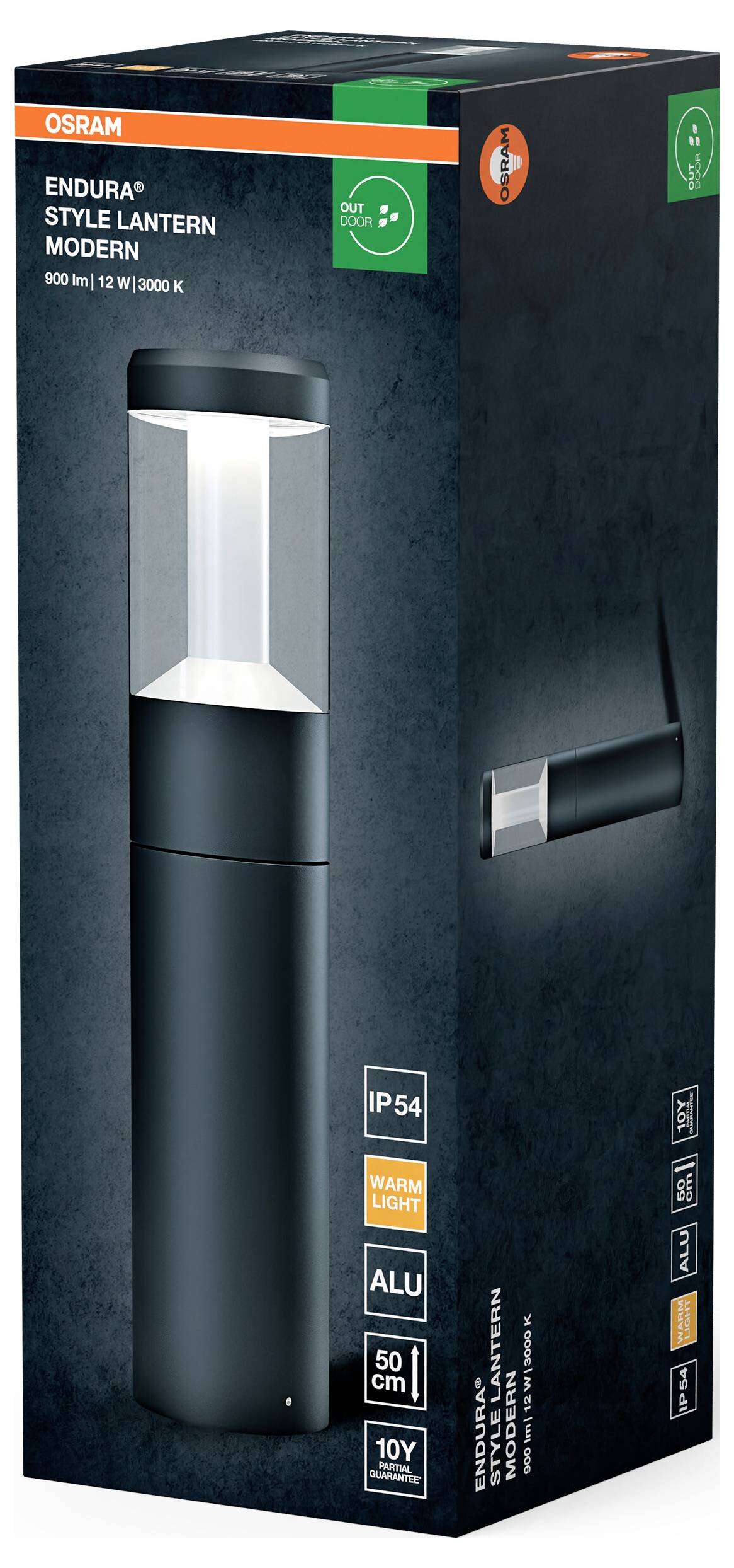 Eine Verpackung zeigt eine "OSRAM Endura Style Laterne Modern". Merkmale: 600 lm, 12 W, 3000K, IP54, Aluminium, 50 cm Höhe, warmweißes Licht.