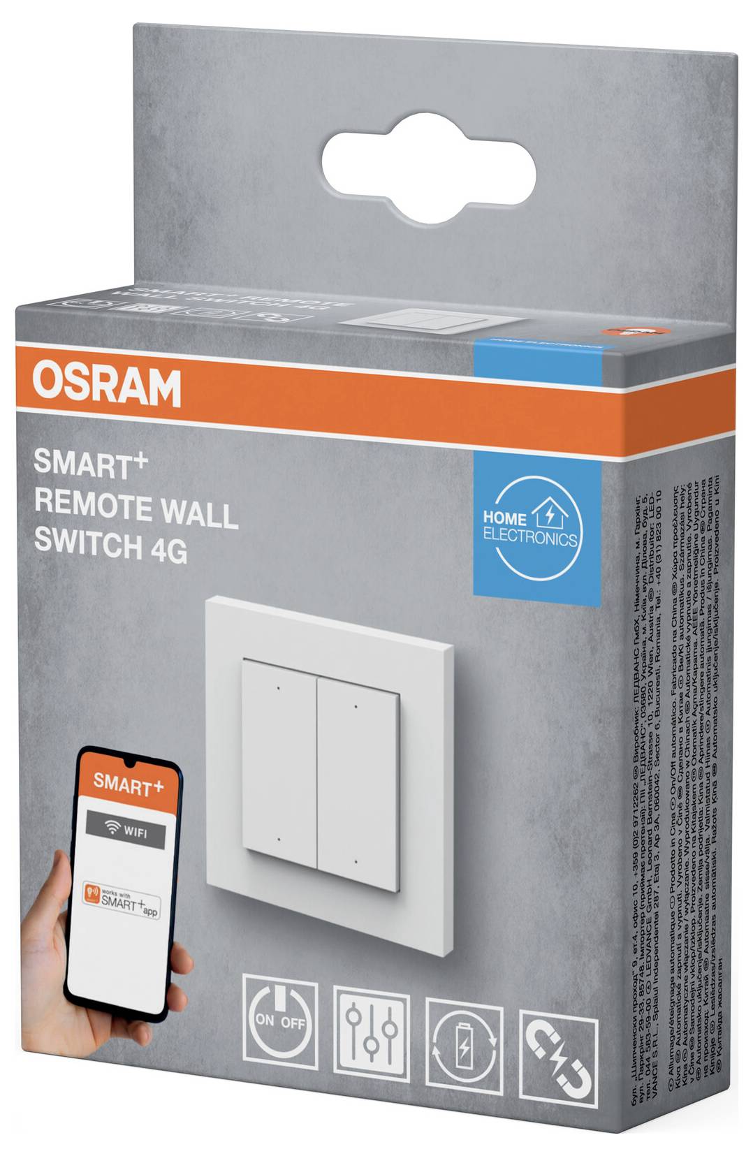 Verpackung für den OSRAM Smart+ Wandschalter 4G, mit Darstellung des Schalters, Kompatibilität mit Smartphone-App und Installationssymbolen.