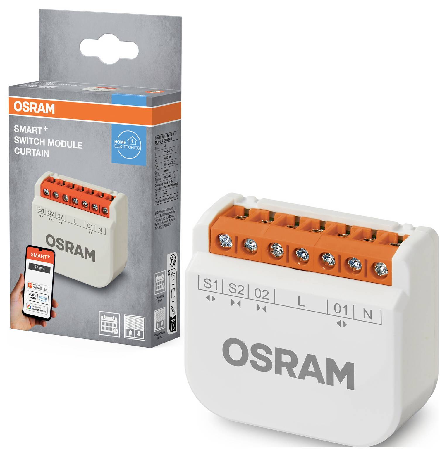 OSRAM Smart+ Schaltmodul zur Steuerung von Vorhängen, dargestellt mit Verpackung. Das Modul verfügt über mehrere Anschlussklemmen und ein kompaktes Design.
