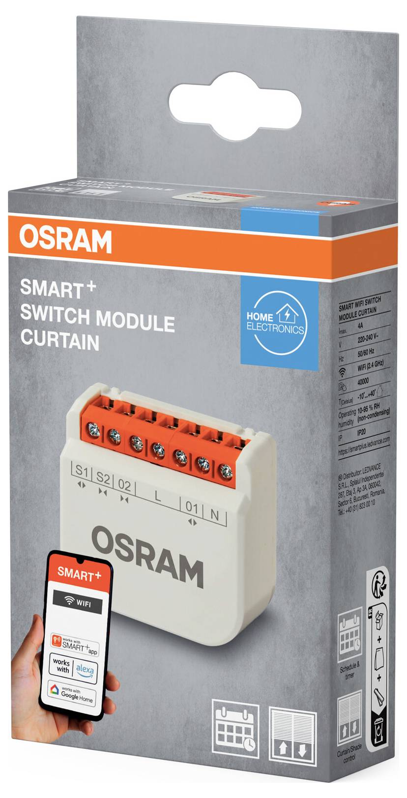 'OSRAM Smart+ Schaltmodul Vorhang' Verpackung mit Bild des Moduls und einem Smartphone, das die App-Oberfläche zeigt.