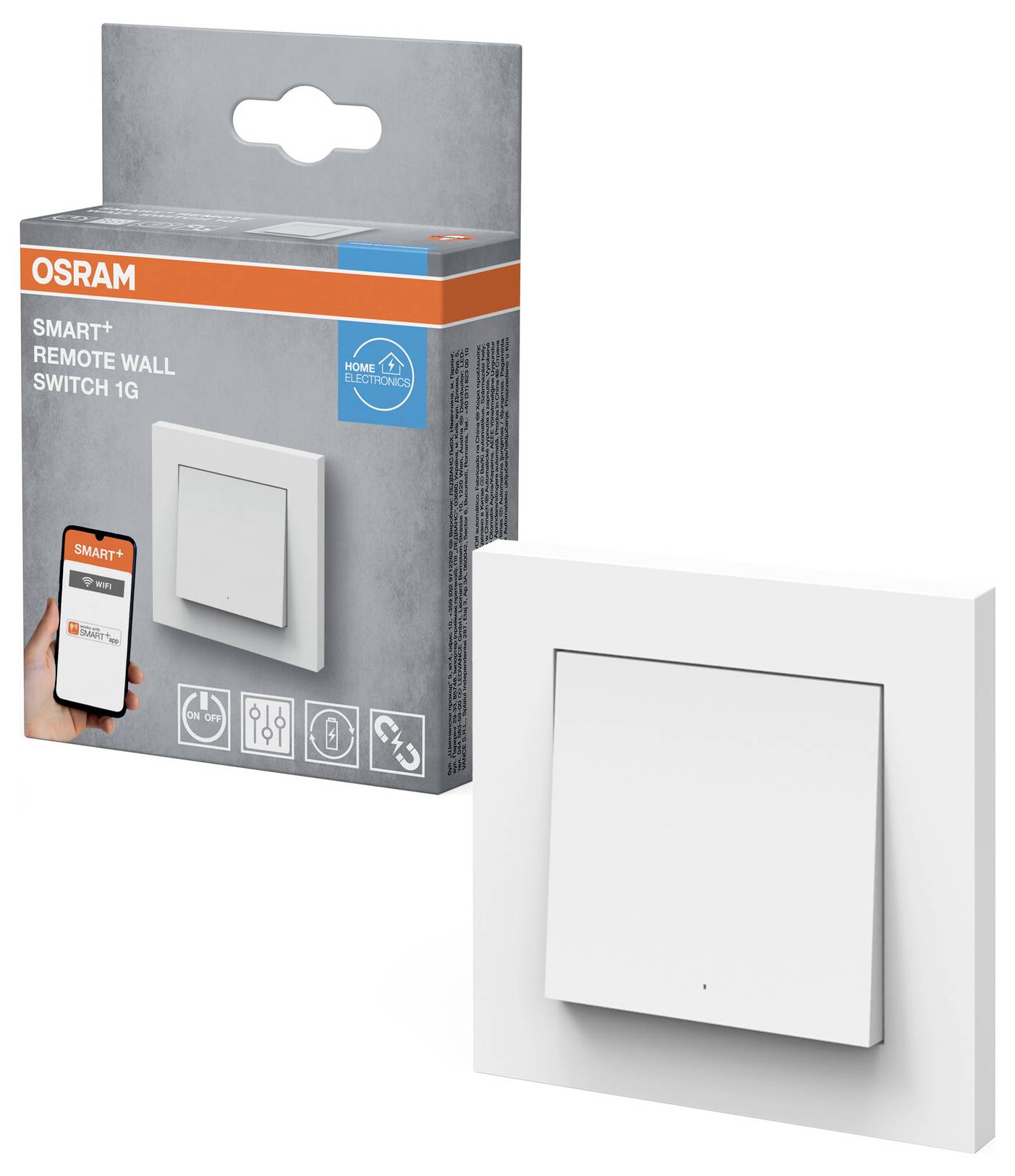 'OSRAM Smart+ Wandschalter 1G' Verpackung mit einem weißen Wandschalter und Smartphone-Steuerungsfunktion.