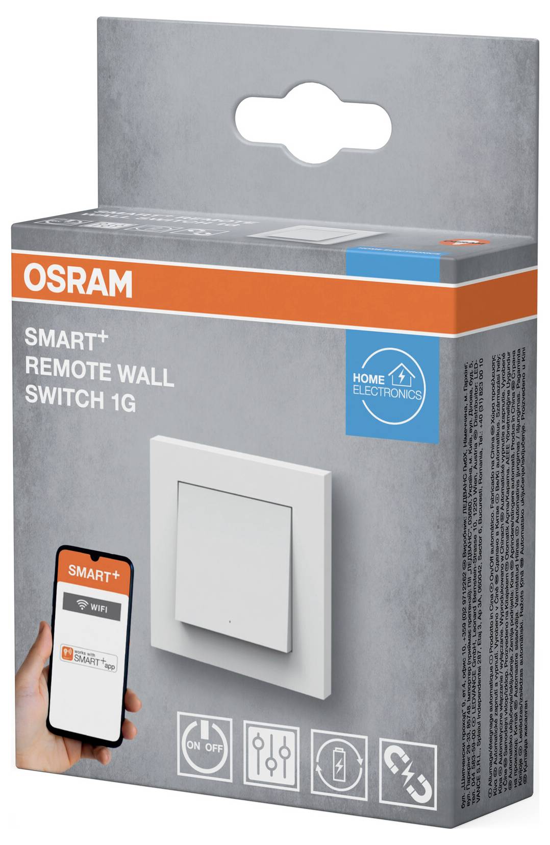 Eine Produktverpackung für den Osram Smart+ Wandschalter 1G. Sie zeigt den Schalter, kompatibel mit Smart-Home-Systemen, und eine Smartphone-Benutzeroberfläche.