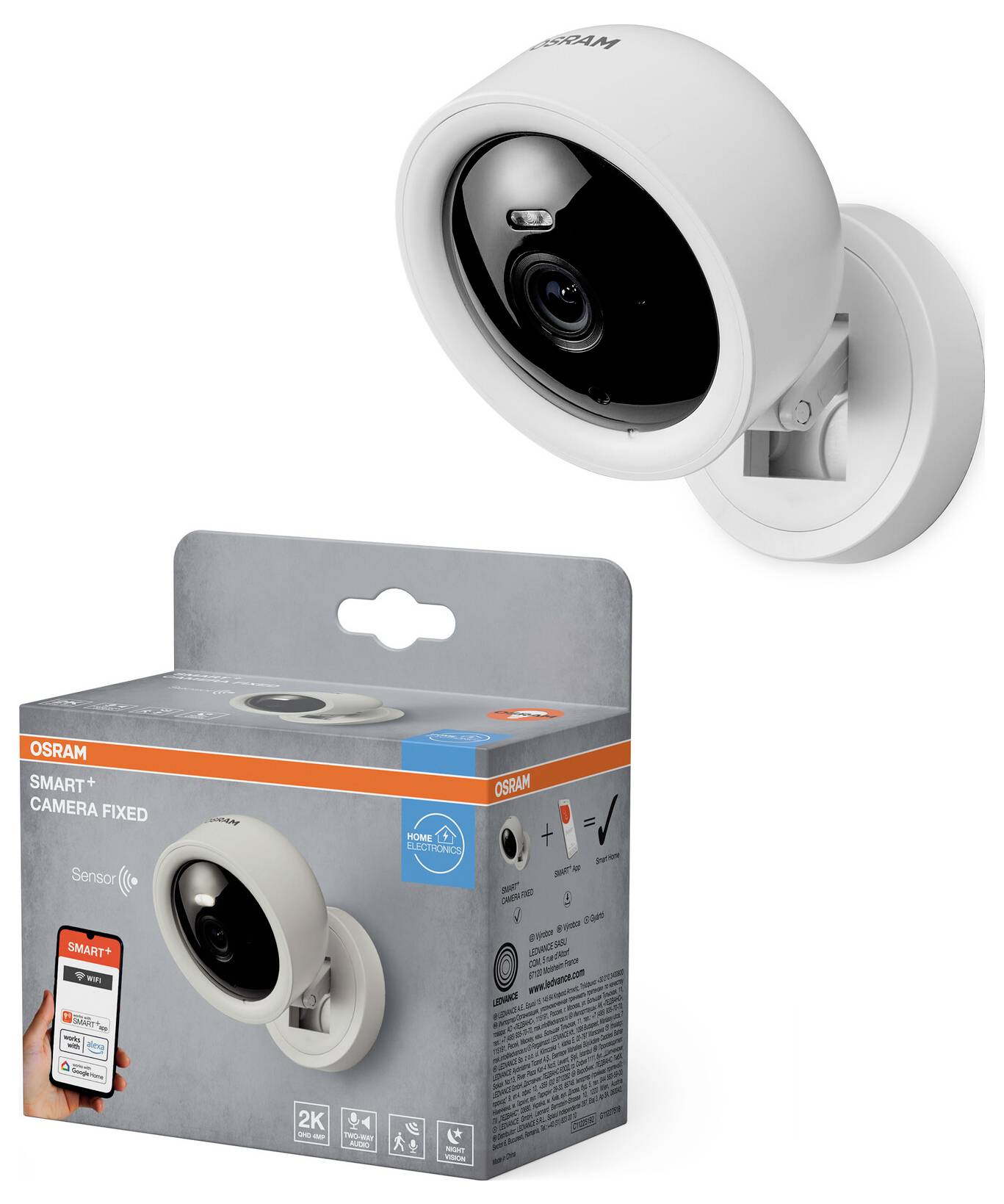 Intelligente Sicherheitskamera mit Verpackung. Die Kamera ist mit einem weißen Gehäuse an der Wand montiert. Die Verpackungsbox zeigt Produktmerkmale.