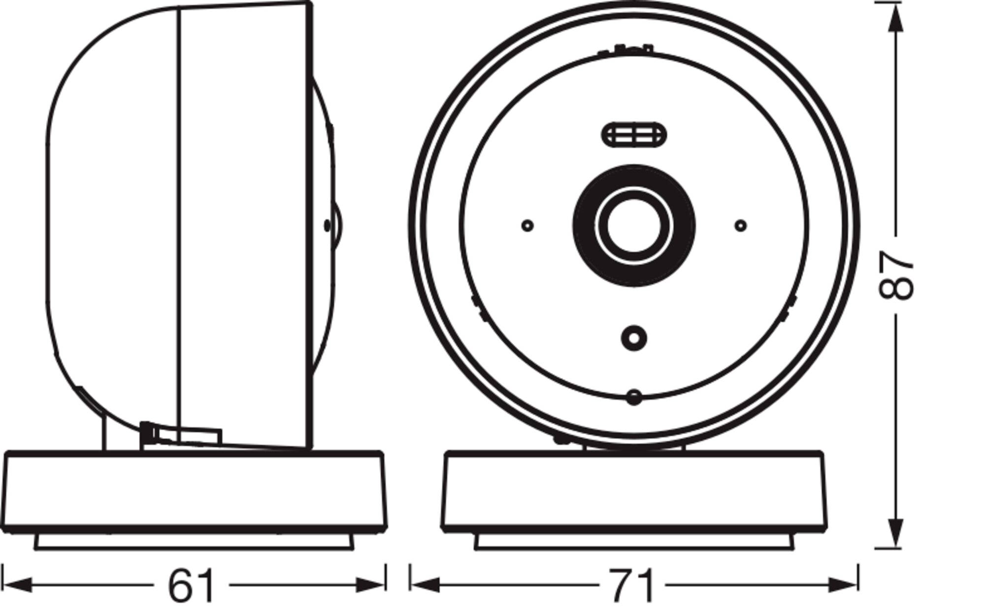 Diagramm eines kreisförmigen Geräts mit Vorder- und Seitenansicht. Vorderansicht zeigt eine zentrale Linse, und Seitenansicht verdeutlicht Abmessungen von 71 mm und 61 mm. Die Höhe beträgt 87 mm.