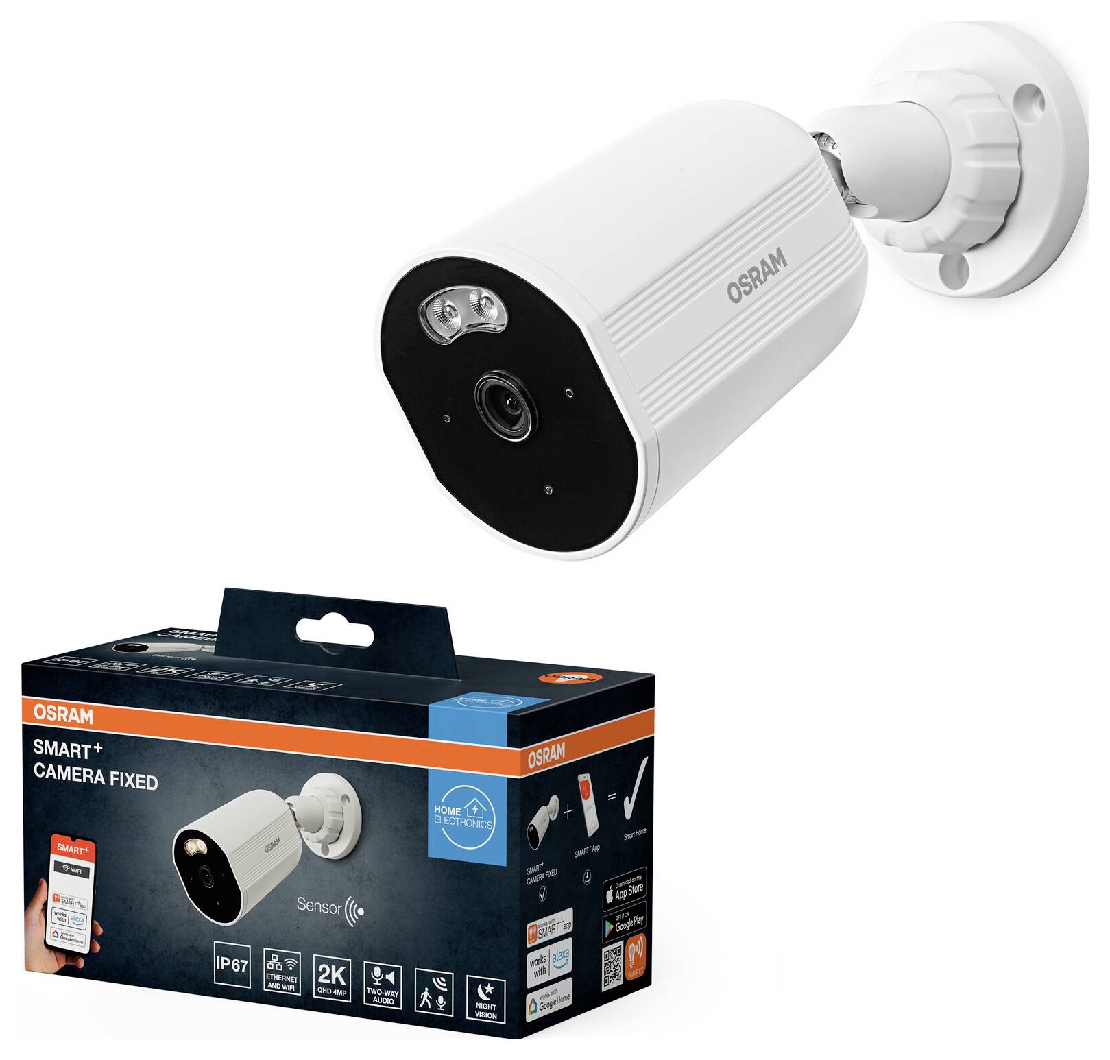 Eine weiße Osram Smart-Sicherheitskamera, die an einer Wand montiert ist und neben ihrer Verpackung steht, auf der Funktionen wie 2K-Auflösung und Widerstandsfähigkeit gegen Witterungseinflüsse hervorgehoben werden.