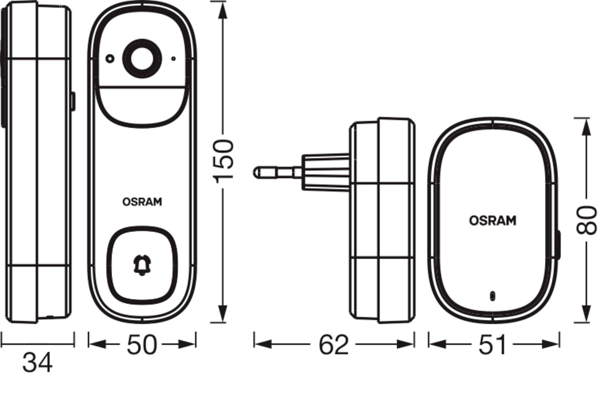 'Diagramm der Abmessungen von Türklingel und Empfänger. Türklingel: 150 mm Höhe, 50 mm Breite. Empfänger: 80 mm Höhe, 62 mm Breite. Marke: OSRAM.'