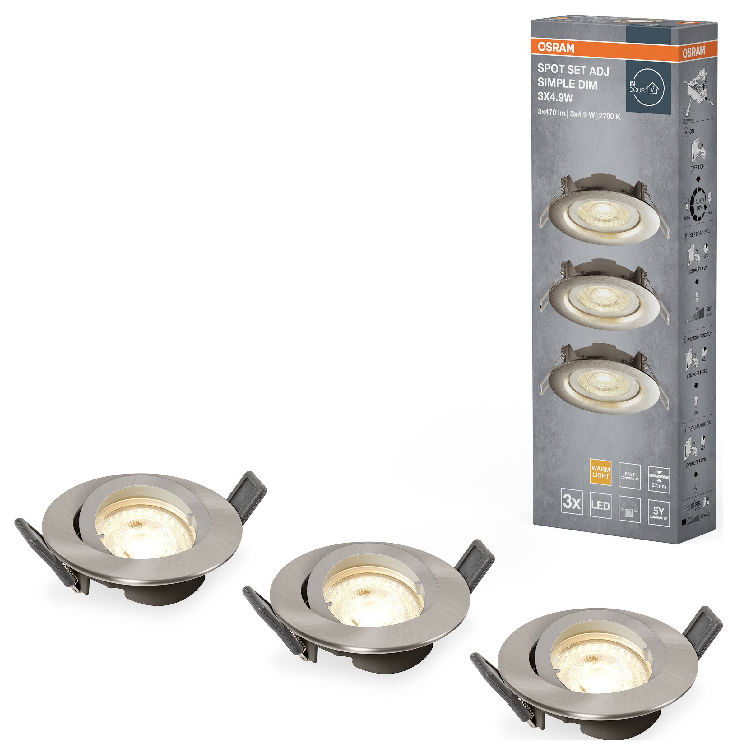 Ein Set aus drei verstellbaren, dimmbaren LED-Spots mit einer Osram-Box, die Produktdetails anzeigt.