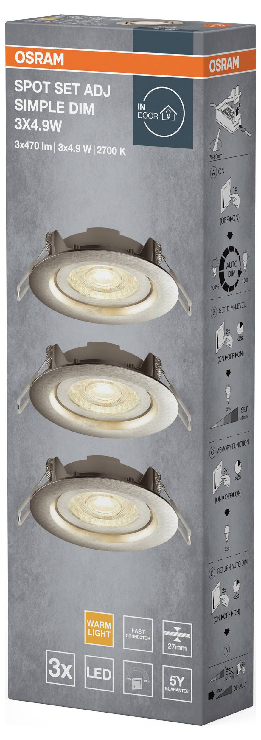 OSRAM Spot Set Verstellbar Simple Dim 3x4,9W Set mit drei LED-Leuchten. Merkmale umfassen 3x470 Lumen, warmweißes Licht und 2700K.