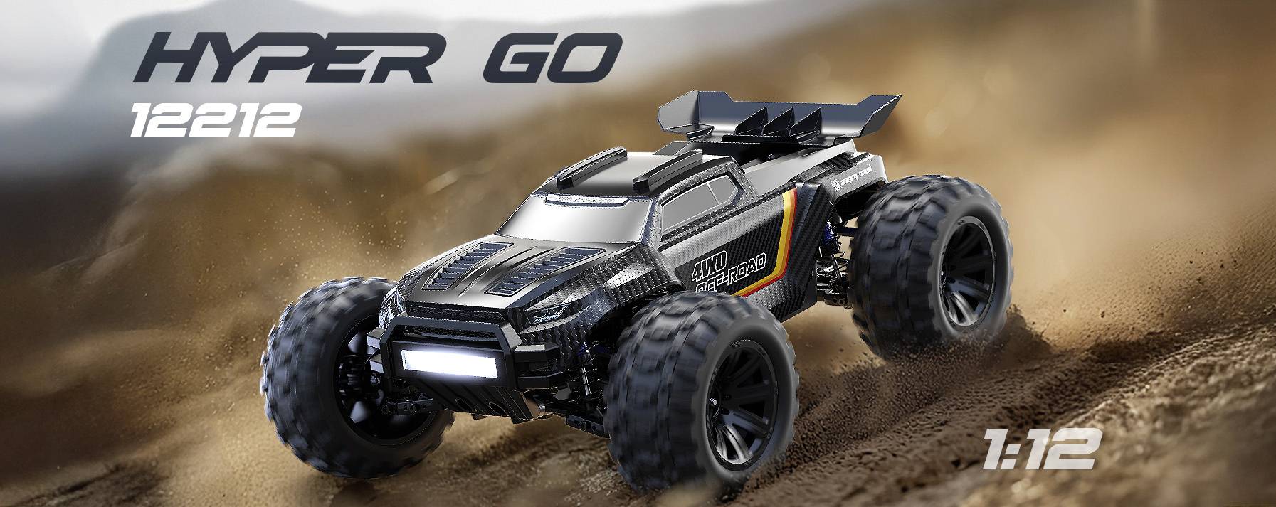 Ein schwarzes ferngesteuertes Auto mit großen Reifen fährt durch Schmutz. Text liest sich: 'HYPER GO', '12212' und '1:12'.