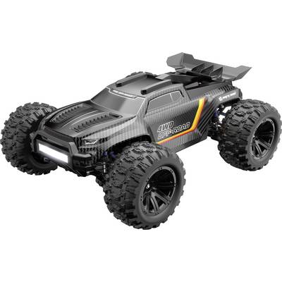 Ein schwarzes Geländefernsteuerungsauto mit großen, robusten Reifen und aerodynamischem Design. Das Auto trägt die Aufschrift '4WD Offroad' an der Seite.