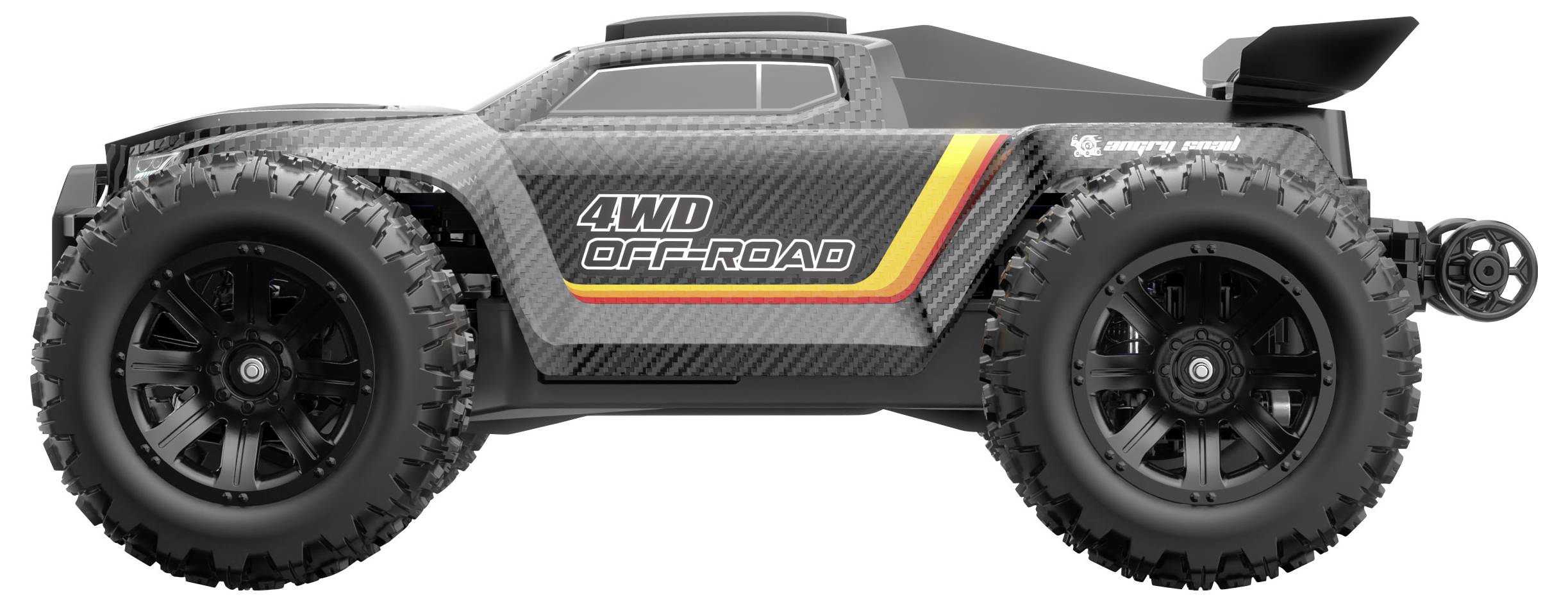 Spielzeug-Auto mit '4WD Geländewagen'-Beschriftung, ausgestattet mit großen, robusten Reifen und einem dunklen, stromlinienförmigen Karosseriebau mit gelben und roten Akzentstreifen.