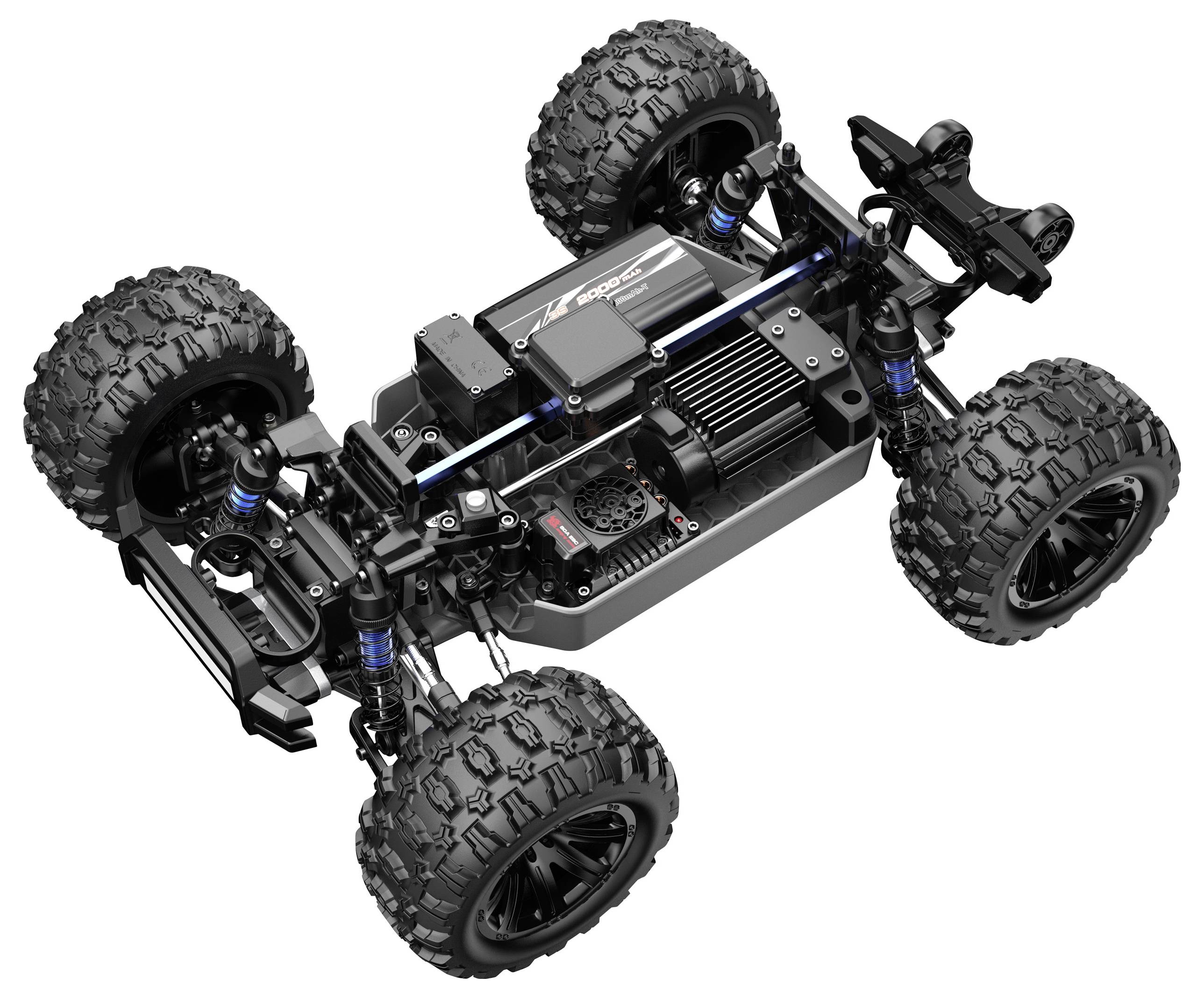Ein RC-Autofahrgestell mit großen Geländereifen, das das Federsystem und den Motor präsentiert, entwickelt für robustes Gelände und Rennleistung.