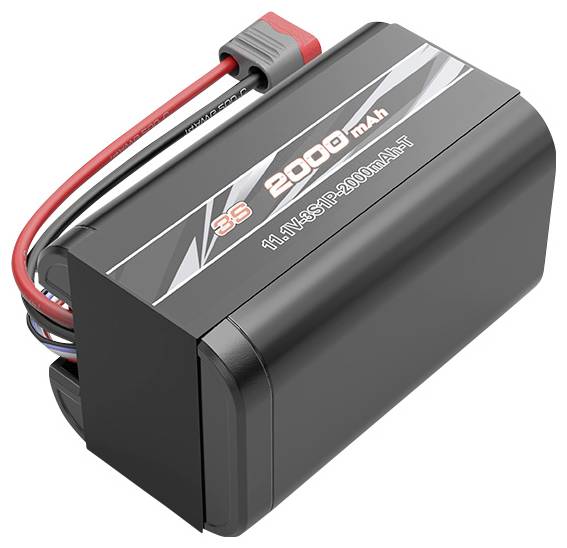 Eine schwarze Lithium-Polymer-Batterie mit der Beschriftung '3S 2000 mAh, 11,1V', ausgestattet mit roten und schwarzen Kabeln und einem Anschluss, verwendet für elektronische Geräte.