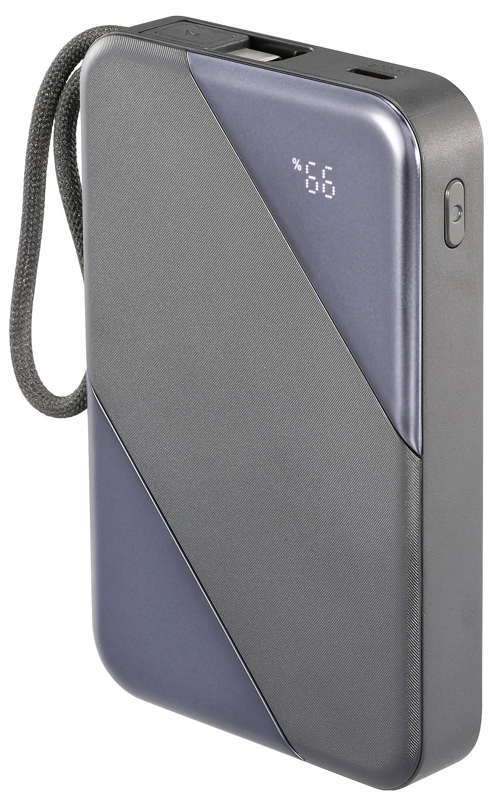 Eine elegante Powerbank mit dunklem, kantigem Design, digitaler Anzeige mit der Angabe „66 %" und einer Trageschlaufe für bessere Tragbarkeit.
