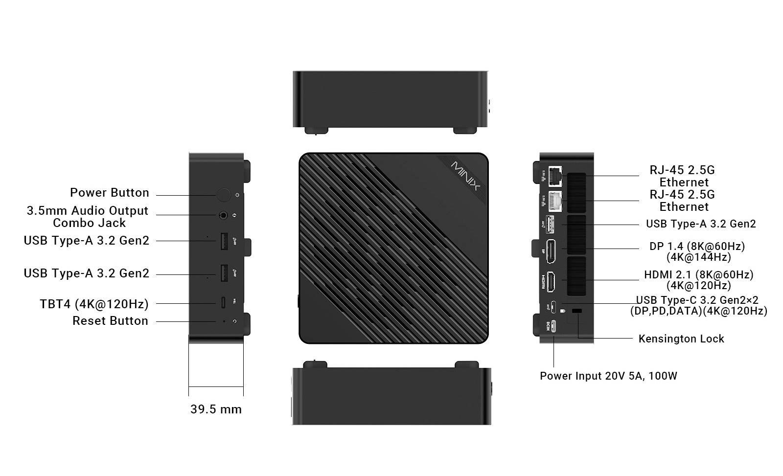 Kompakter Boxcomputer mit verschiedenen Anschlüssen und Tasten, darunter 3,5-mm-Audioeingang, USB, Ethernet, HDMI und Stromanschluss.