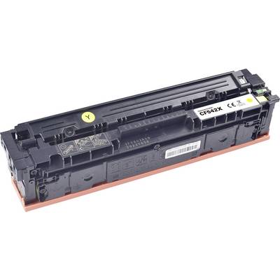 Bild einer schwarzen Tonerkartusche des Modells CF542X mit gelber Beschriftung, ausgestattet mit Sicherheits- und Recycling-Symbolen, die üblicherweise in Laserprintern verwendet wird.