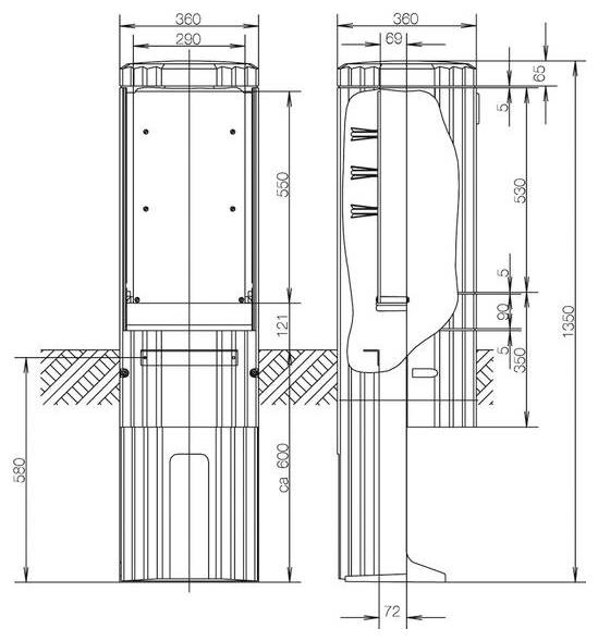 Diagramm eines Händetrockners mit Abmessungen: Höhe 1360 mm, Tiefe 360 mm, Breite 360 mm. Front- und Seitenansicht werden mit Maßangaben dargestellt.