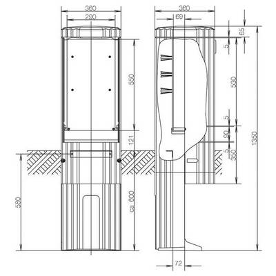 Diagramm eines Händetrockners mit Abmessungen: Höhe 1360 mm, Tiefe 360 mm, Breite 360 mm. Front- und Seitenansicht werden mit Maßangaben dargestellt.