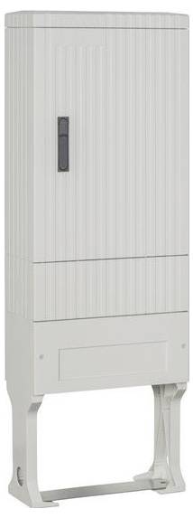 Ein hoher, rechteckiger Metallschaltschrank mit einer geriffelte Frontplatte, einem schwarzen Griff an einer Seite und stabilen Stützbeinen am unteren Ende.