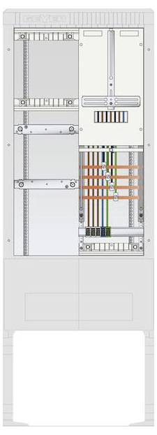 Ein vertikal in einem Rack montierter Server mit farblich gekennzeichneten Kabeln. Die Bedienblende zeigt Schaltkreisverbindungen und elektronische Komponenten.