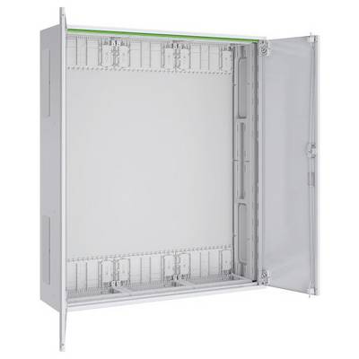 Wandmontierter, offener Metallschrank mit transparenter Tür, verwendet zur Organisation und zum Schutz von elektrischen oder Netzwerkkomponenten.
