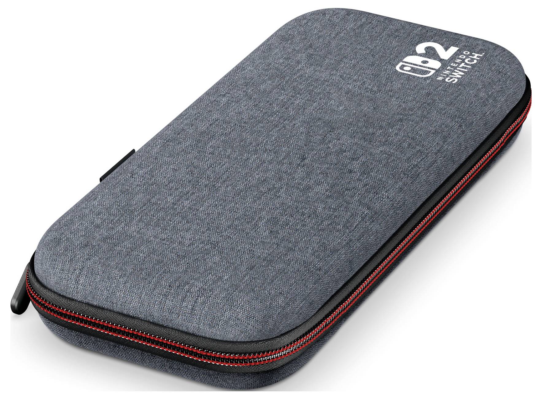 Eine graue Nintendo Switch Tragetasche mit rotem Reißverschluss, die das Nintendo Switch Logo in der oberen rechten Ecke trägt.