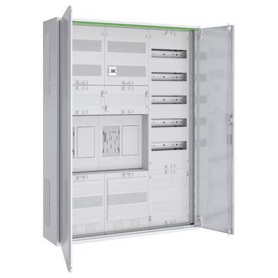 Eine offene Elektrotafel mit mehreren Sicherungsschlitzen, einige belegt und andere leer. Klappbare Türen an beiden Seiten, graue Oberfläche.