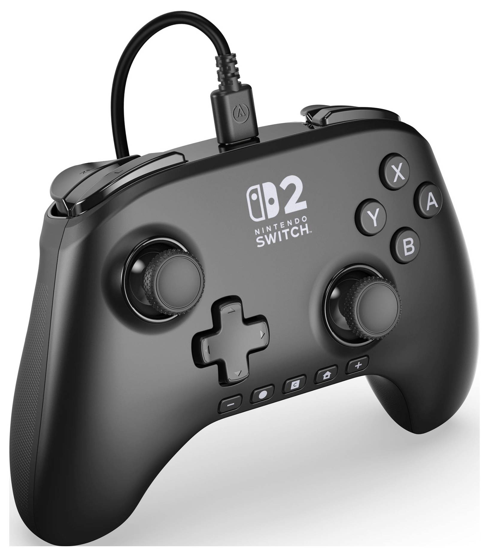 Ein schwarzer Nintendo Switch-Controller mit zwei Joysticks, einem Steuerkreuz und mit A, B, X, Y-Tasten beschriftet, der oben mit einem Kabel verbunden ist.
