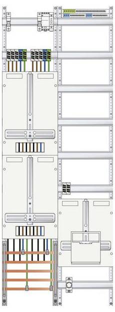 Diagramm einer elektrischen Verteilertafel mit vertikaler Anordnung, das Bereiche für Verkabelung und Anschlüsse zeigt, einschließlich farbcodierter Kabel und Komponenten.