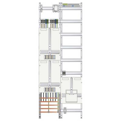 Diagramm einer elektrischen Verteilertafel mit vertikaler Anordnung, das Bereiche für Verkabelung und Anschlüsse zeigt, einschließlich farbcodierter Kabel und Komponenten.