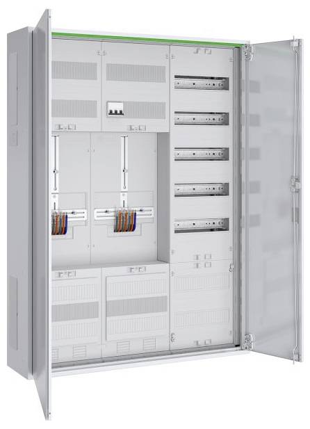 Ein offenes Elektropanel, das mehrere Sicherungsautomaten und farbige Kabel zeigt, was auf eine gut organisierte Stromverteilungsanlage hindeutet.