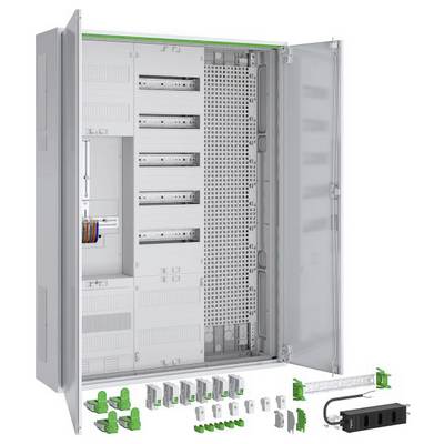 Eine offene Elektroverteilerschrank mit modularen Komponenten und Kabeln, der die interne Verkabelungsanordnung zeigt. Verschiedene grüne und graue Teile werden im Vordergrund präsentiert.