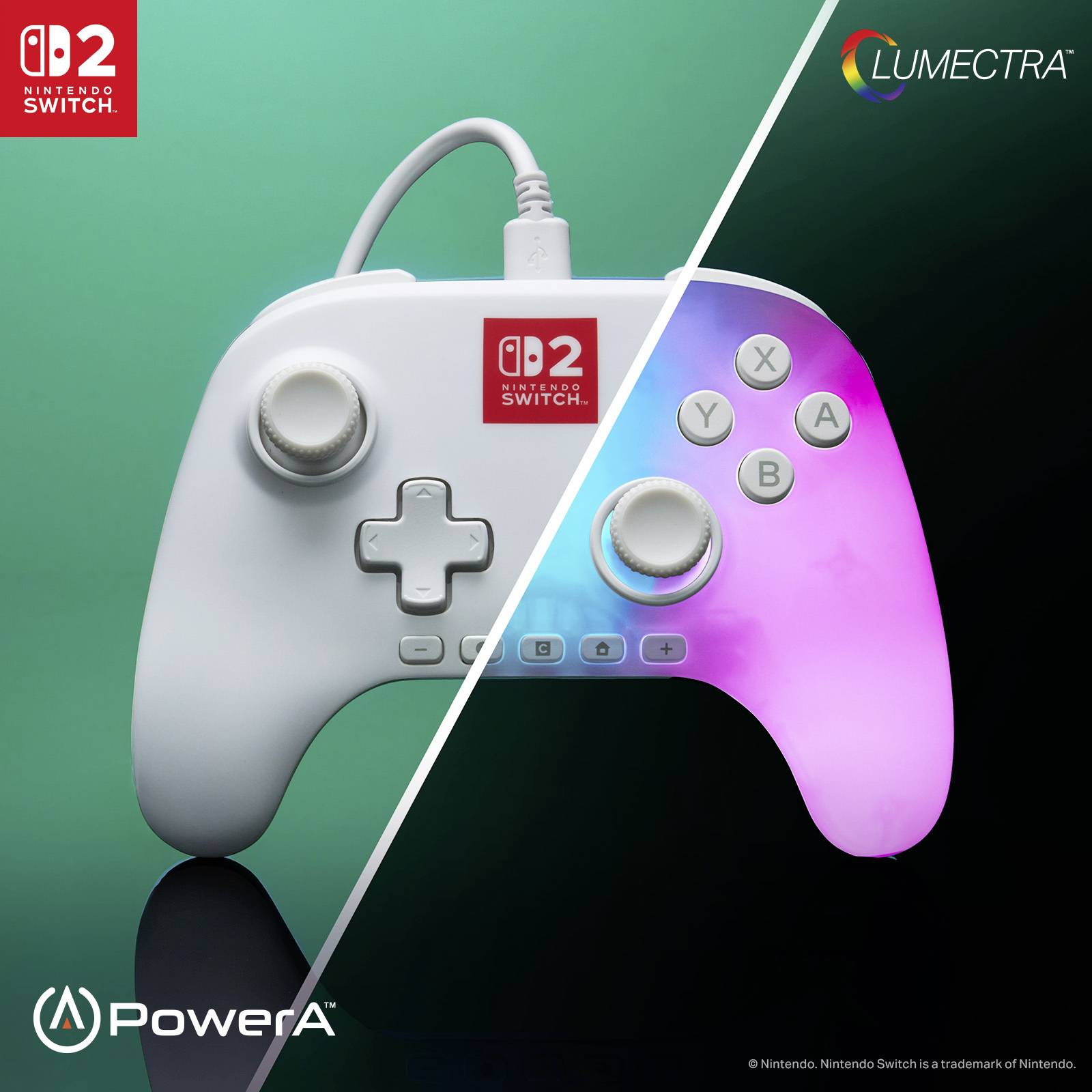 Ein Nintendo Switch-Controller mit geteiltem Design: linke Hälfte zeigt einen weißen Controller mit Standard-Tasten; rechte Hälfte strahlt bunte Lichter aus.