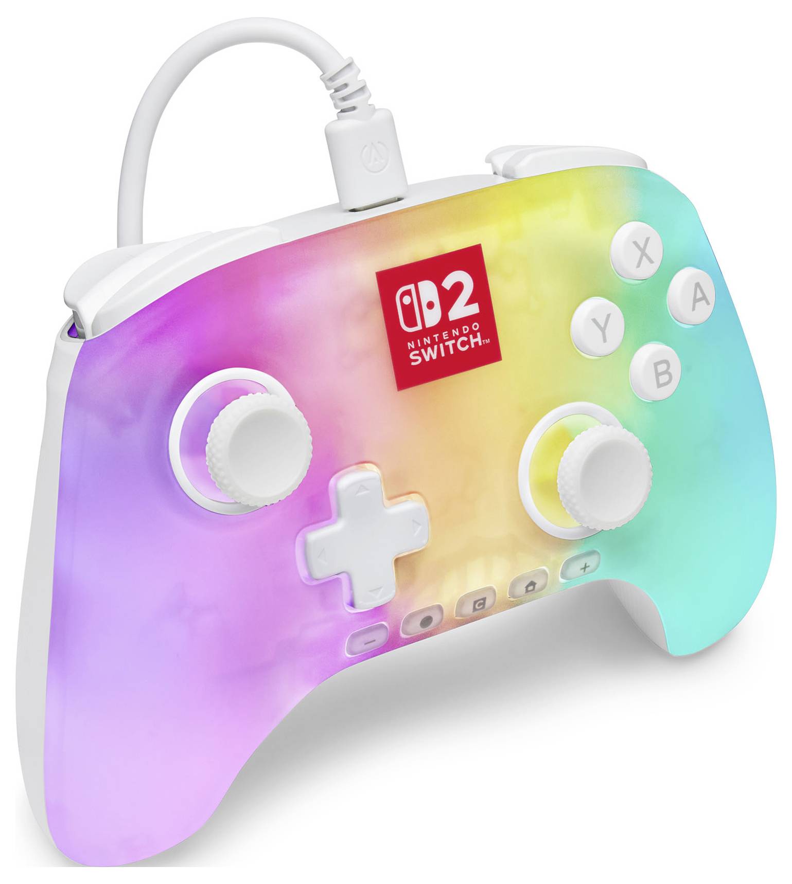 Ein bunter Nintendo Switch-Controller mit einem Pastellgradienten-Design, ausgestattet mit weißen Tasten mit den Beschriftungen A, B, X, Y und Kontrollsticks.