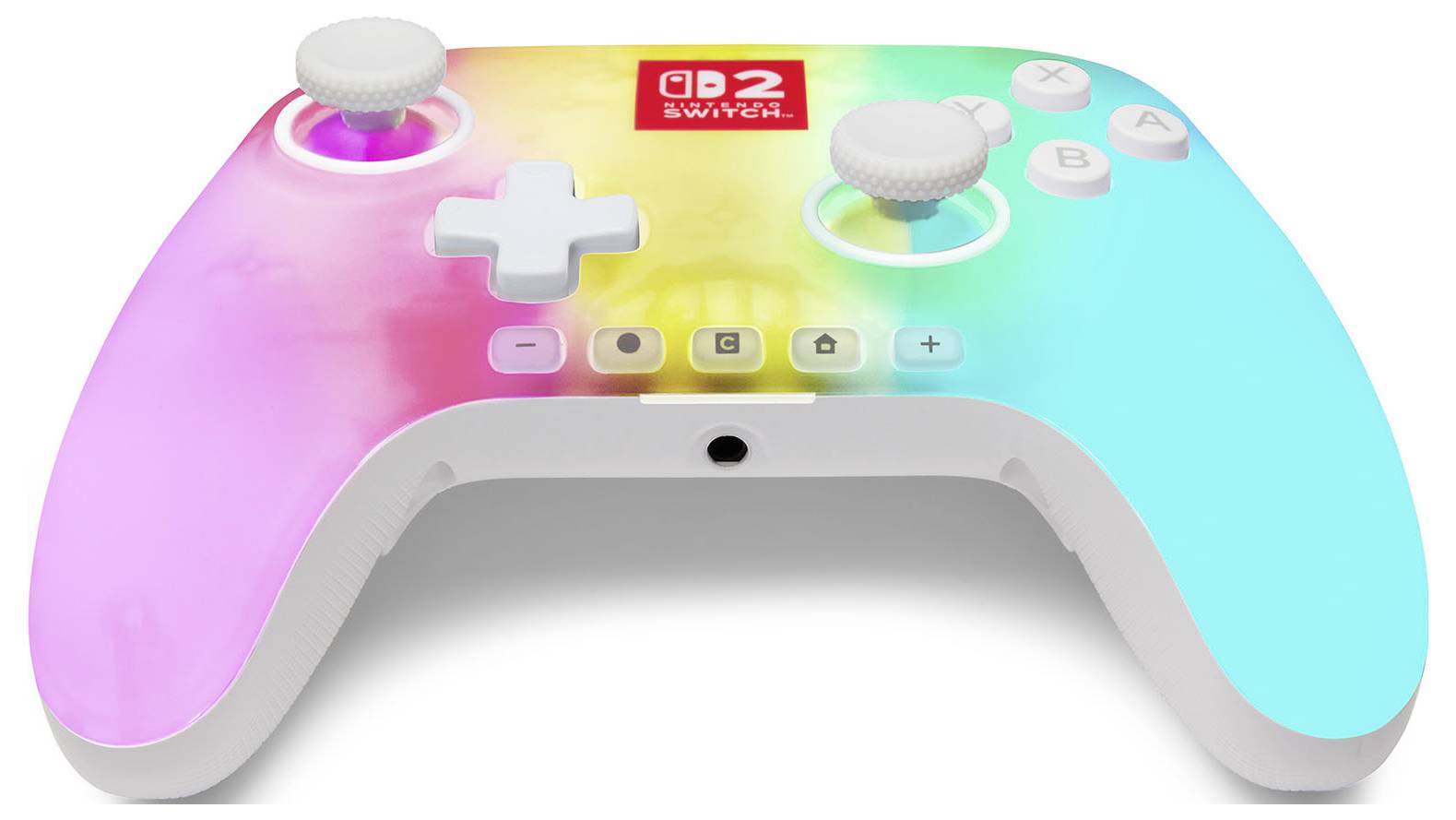 Ein lebendiger Spielcontroller mit Pink-, Gelb- und Blau-Verlauf, ausgestattet mit zwei Joysticks, einem D-Pad und mehreren Tasten.