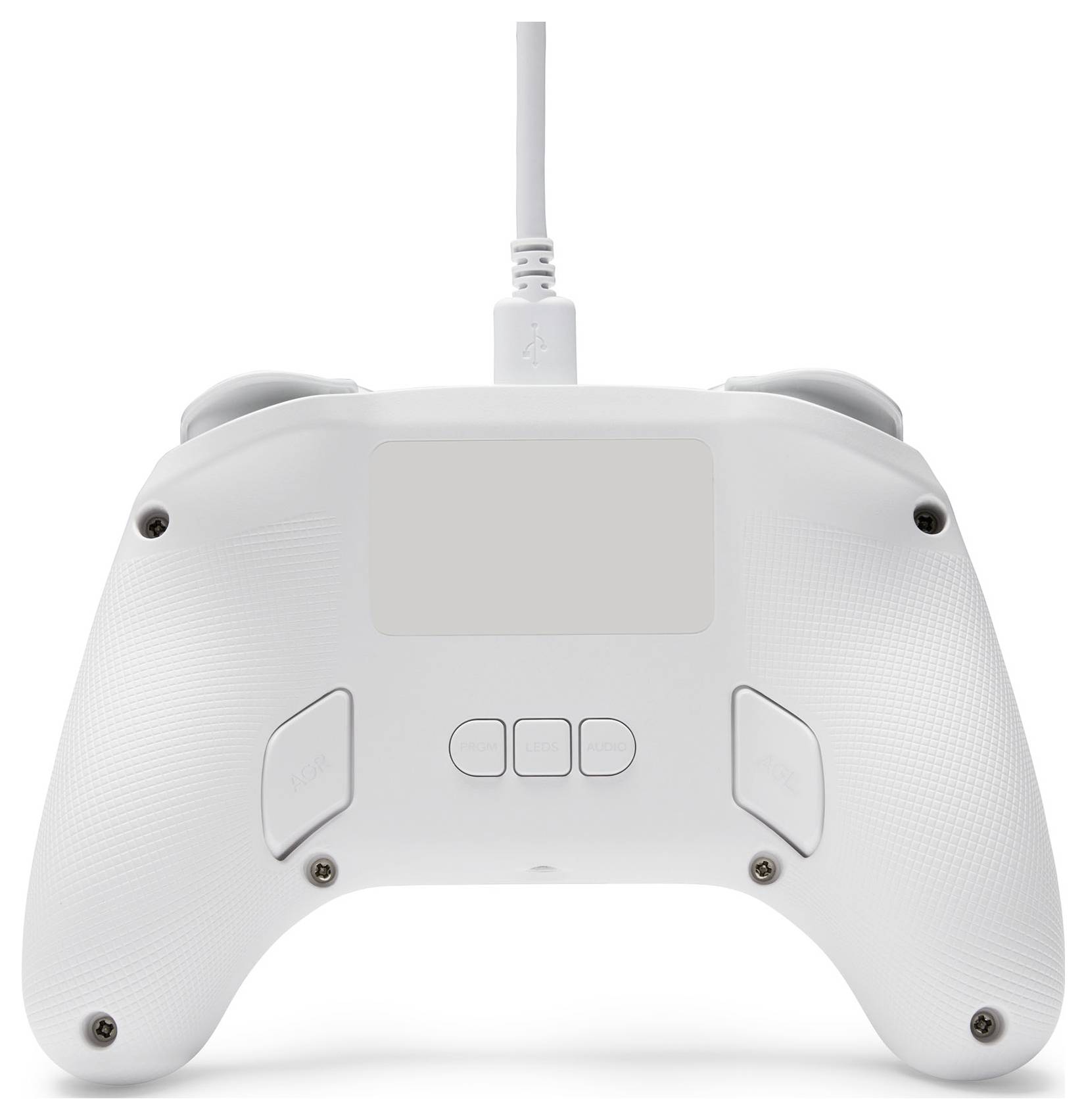 Ein weißer Videospiel-Controller, von hinten betrachtet, mit einem USB-Kabel und strukturierten Griffen.