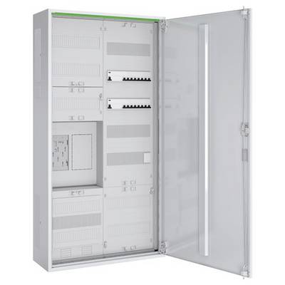 Ein offener Elektroschrank mit einer transparenten Tür gibt den Blick auf mehrere Sicherungsautomaten und elektrische Komponenten frei, die im Inneren angeordnet sind.