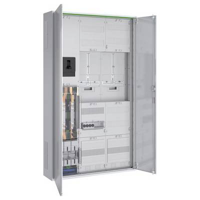 Ein offener grauer Elektroschrank, der Innenkomponenten und Verkabelung zeigt, mit sichtbaren Sicherungsautomaten und Verteilungseinheiten im Inneren.
