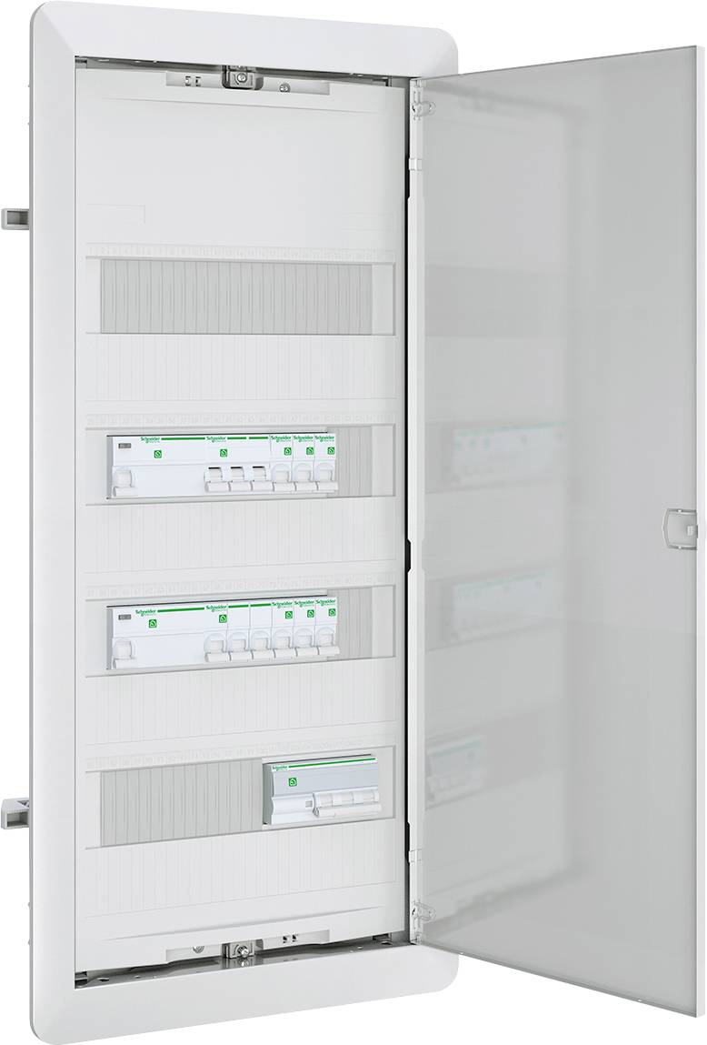 Offenes Elektrischer Sicherungskasten mit mehreren Leitungsschutzschaltern und einer angelenkten weißen Abdeckung.