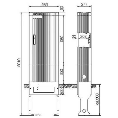 Eine technische Skizze eines Heizkörpers mit markierten Abmessungen: Höhe 2010 mm, Breite 583 mm, Tiefe 277 mm, mit mehreren Schnittansichten.