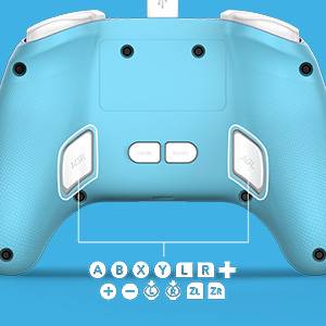 Blauer Gaming-Controller, Rückansicht von oben. Beschriftete Tasten beinhalten 'A', 'B', 'X', 'Y', 'L', 'R' und Richtungspad.