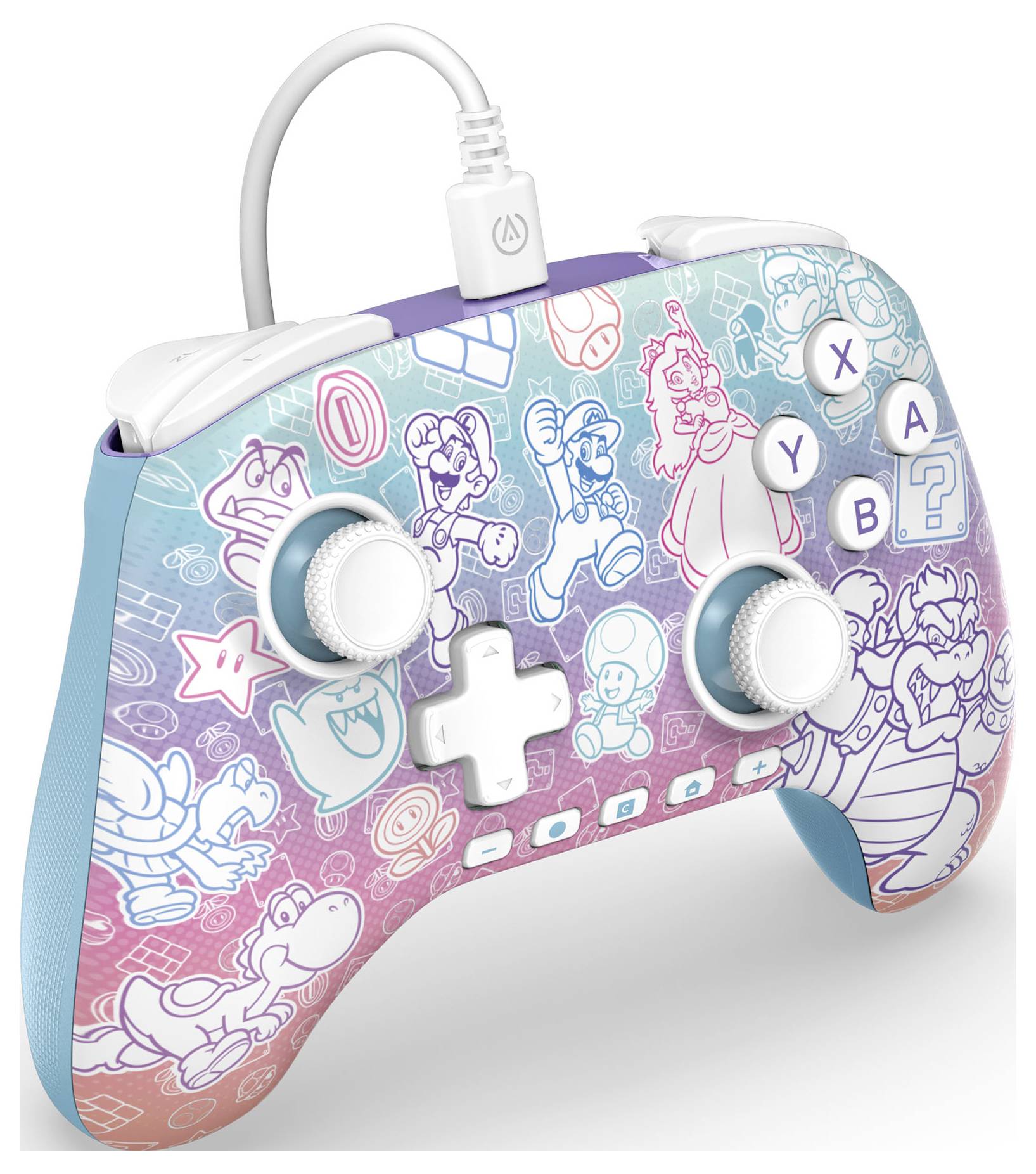 Ein bunter Spielcontroller mit Umrissen von animierten Charakteren und Symbolen aus einer beliebten Videospiel-Reihe, der über eine Kabelverbindung verfügt.