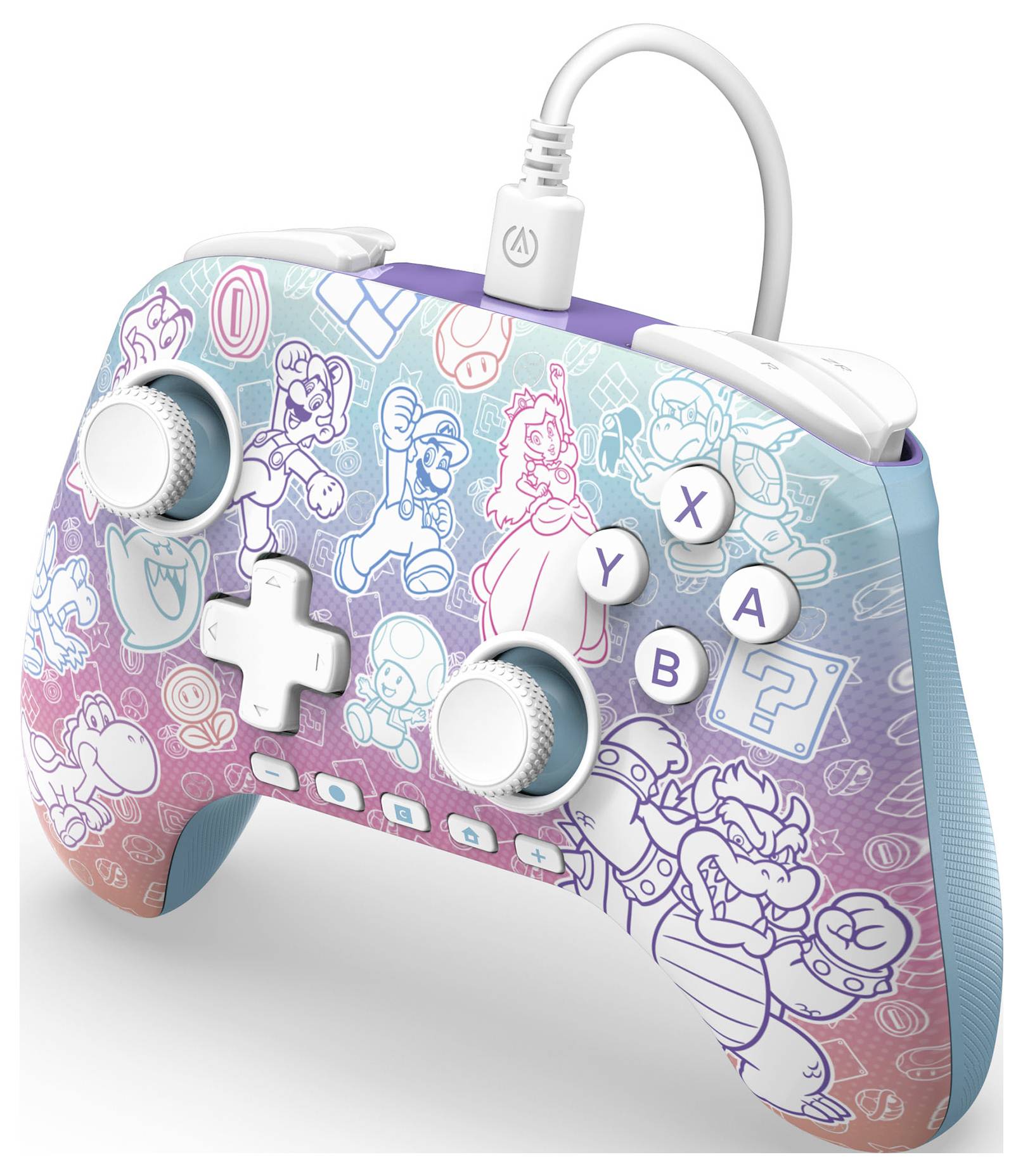 Videospiel-Controller mit einem farbenfrohen Design, das Umrisse verschiedener Comicfiguren und Symbole aus einer Spielreihe zeigt.